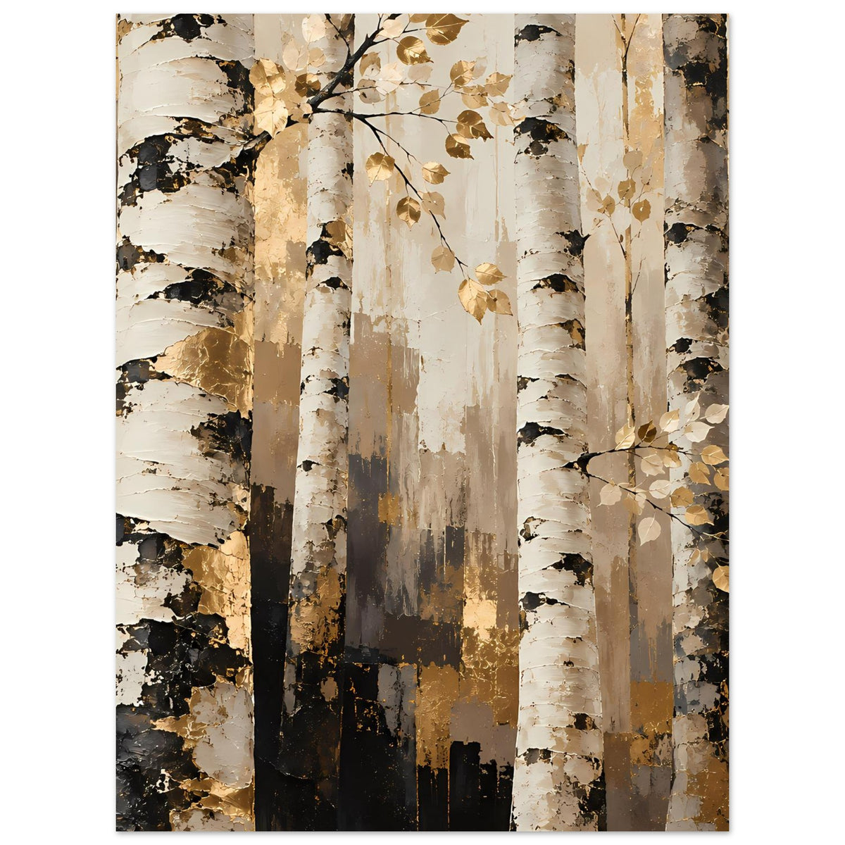 Naturposter mit Waldmotiv aus Birken: goldene Blätter, helle cremefarbene Stämme und Schatten.