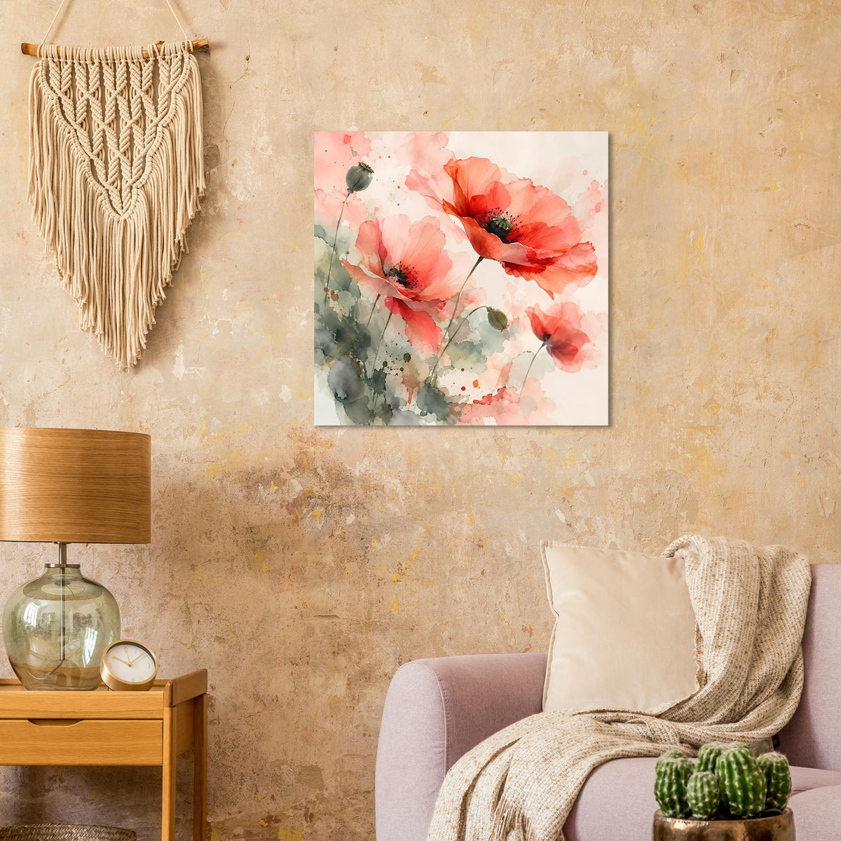 Poster mit aquarellierten Mohnblumen in Korallrosa und Grün auf hellem Hintergrund