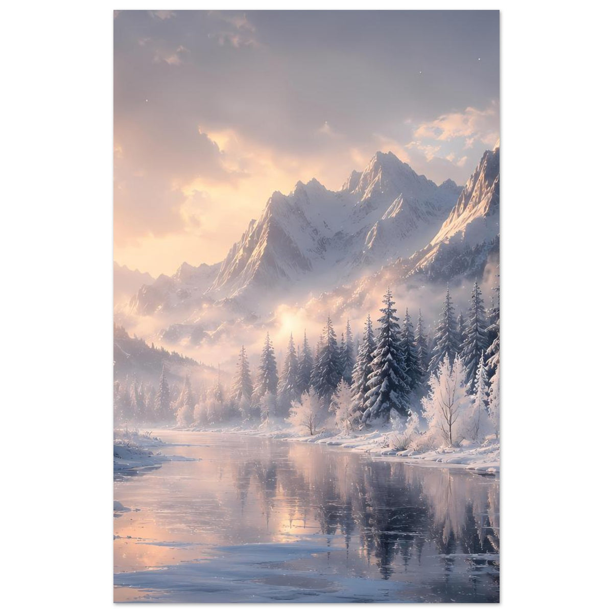 Winterlandschaft-Poster, Hochformat mit Bergen, Tannen und Winterhimmel