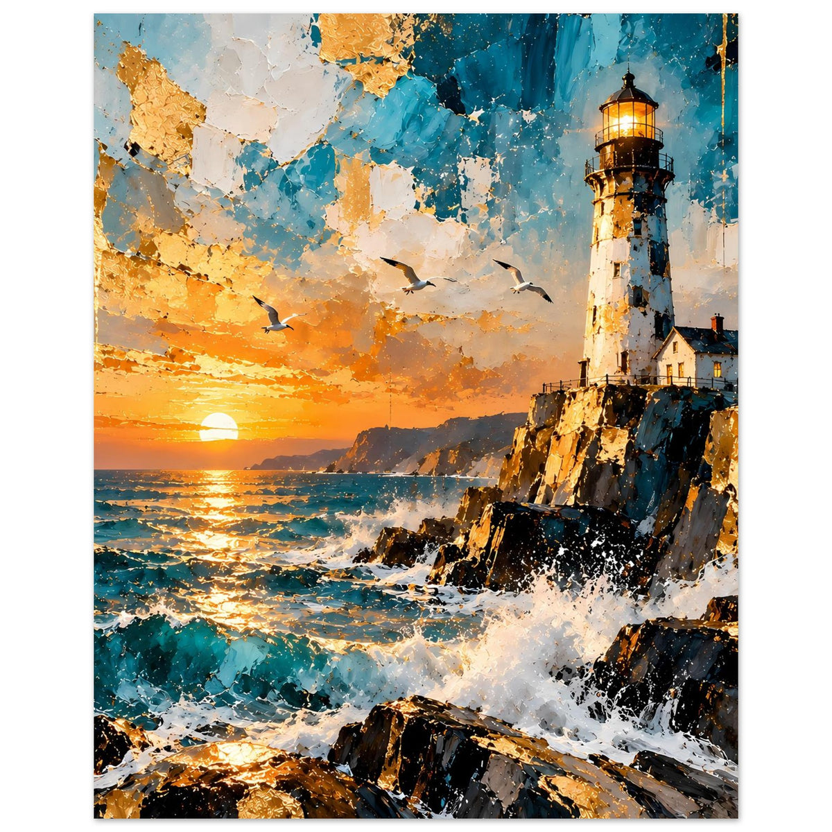 Vertikales Poster mit Leuchtturm, sprühendem Wasser an Felsen, Sonnenuntergang und Seglern/Vögeln