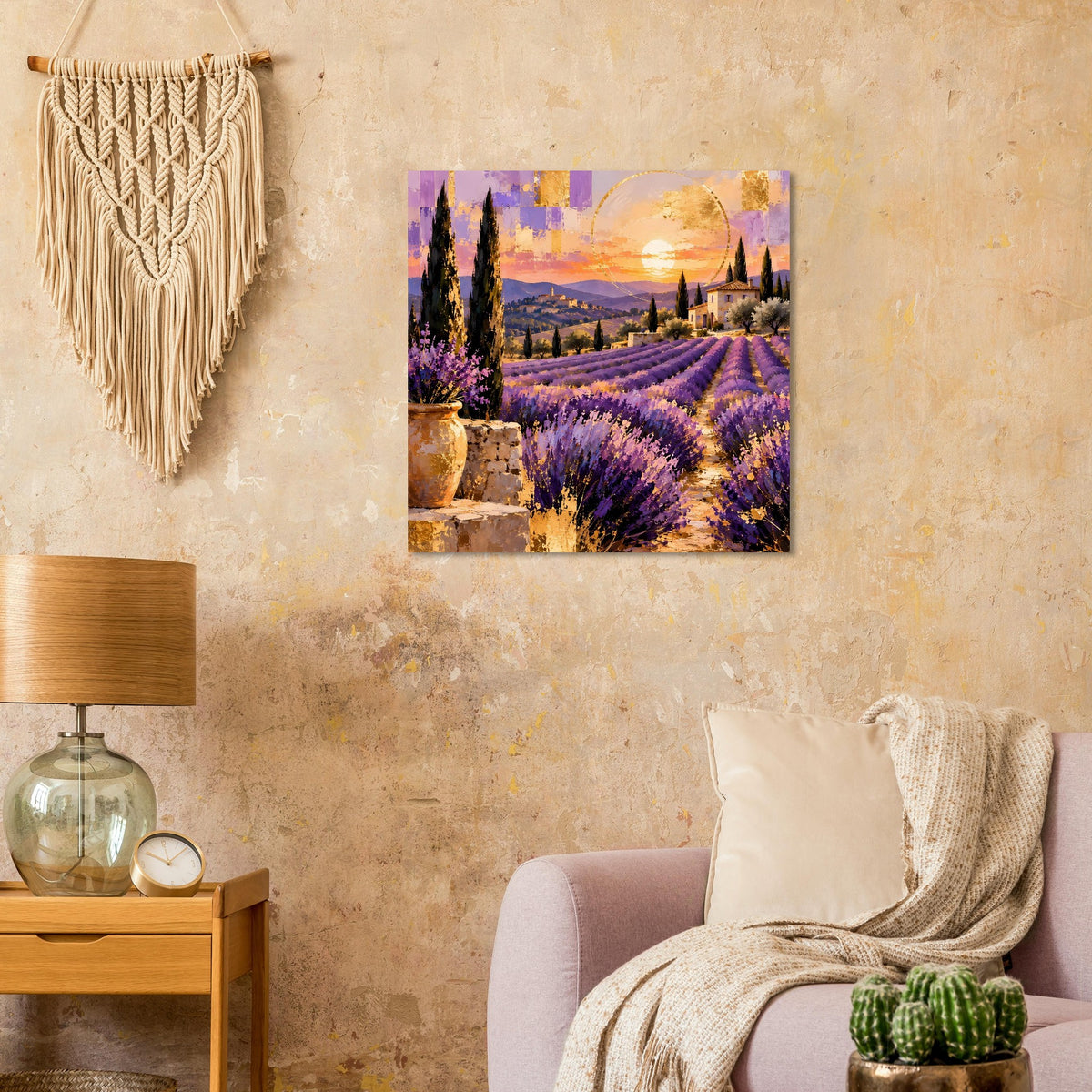 Wandposter mit Sonnenuntergang über Lavendel und kleinem provenzalischen Haus