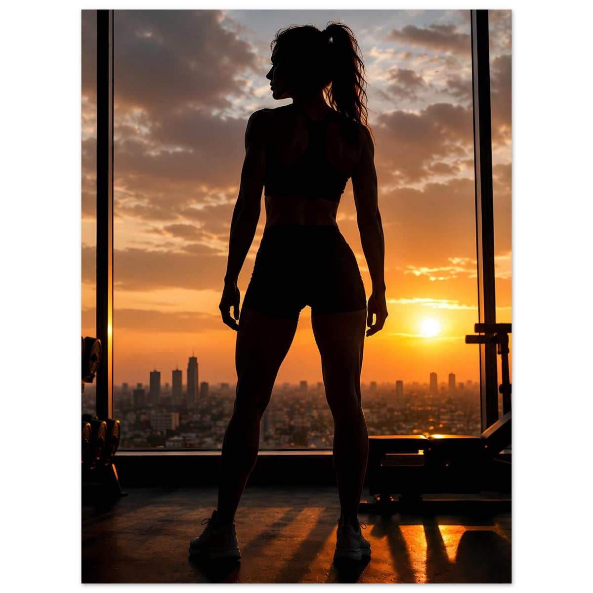 Fitness-Poster mit Silhouette einer Sportlerin in Sportoutfit vor Sonnenuntergang im Stadionblick.