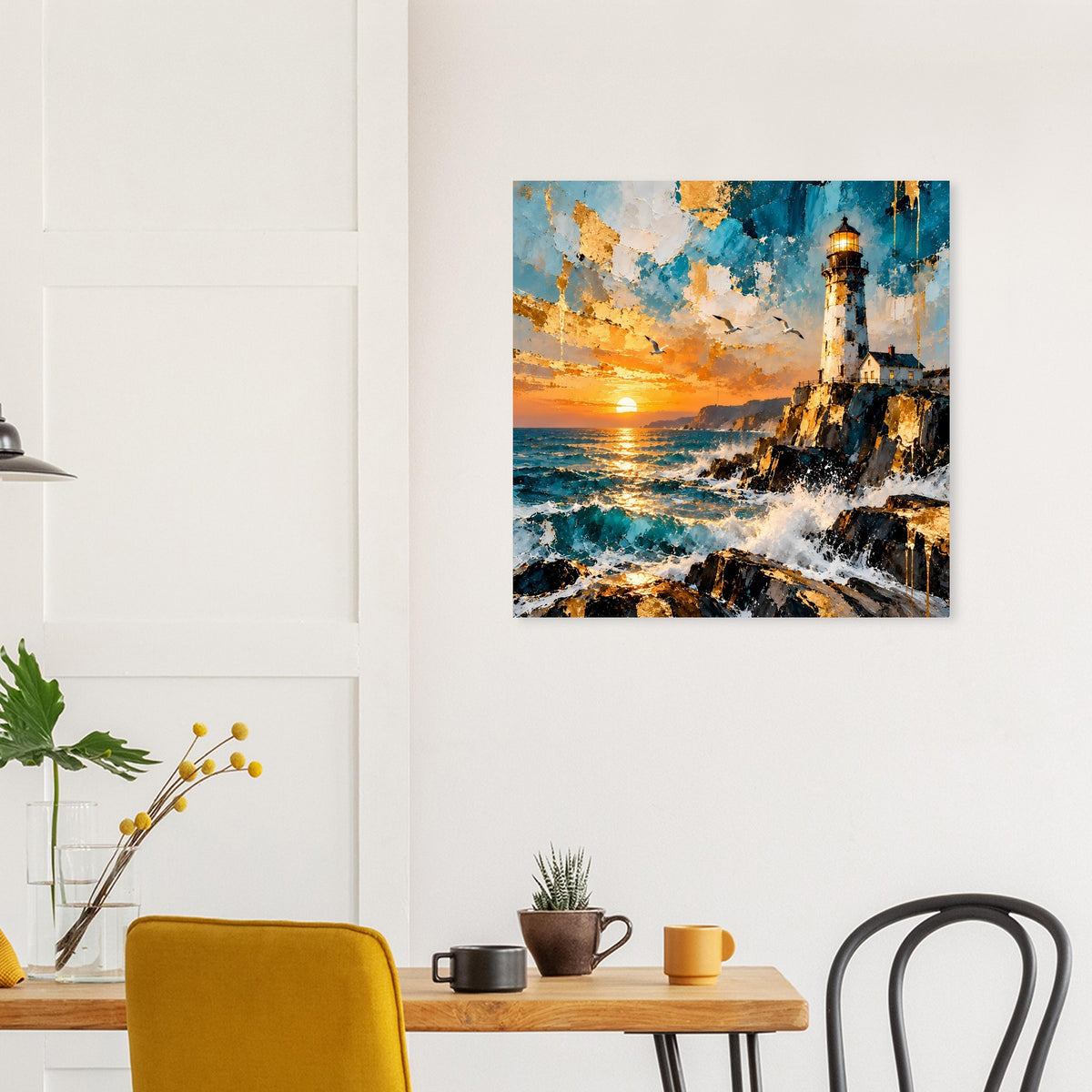 Poster mit Leuchtturm am Meer bei Sonnenuntergang, Wellen schlagen an den Felsen