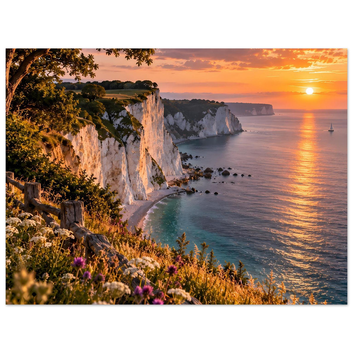 Poster mit weißen Kreidefelsen, Blumenwiese und Meer bei Sonnenuntergang (querformat)