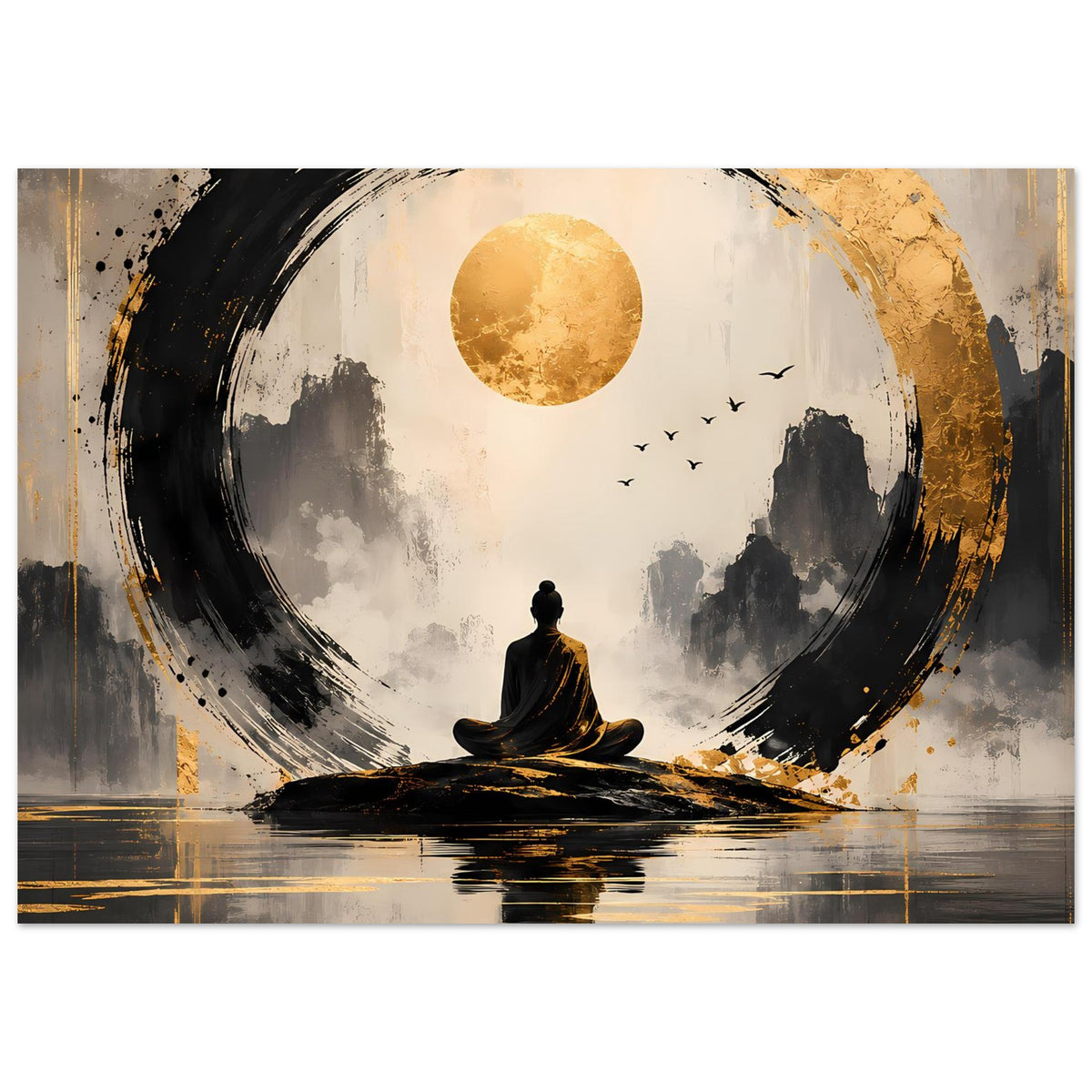 Meditationsposter mit gold-schwarzem Pinselkreis, Mond über meditierender Sitzfigur, Vögeln