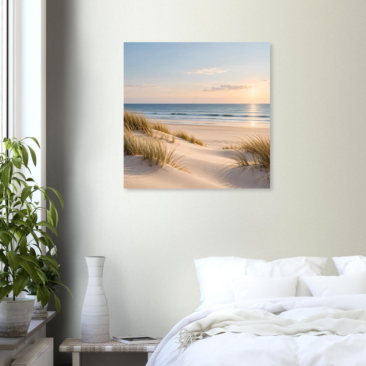 Strandposter im Querformat: Sanddünen, Meer und untergehende Sonne