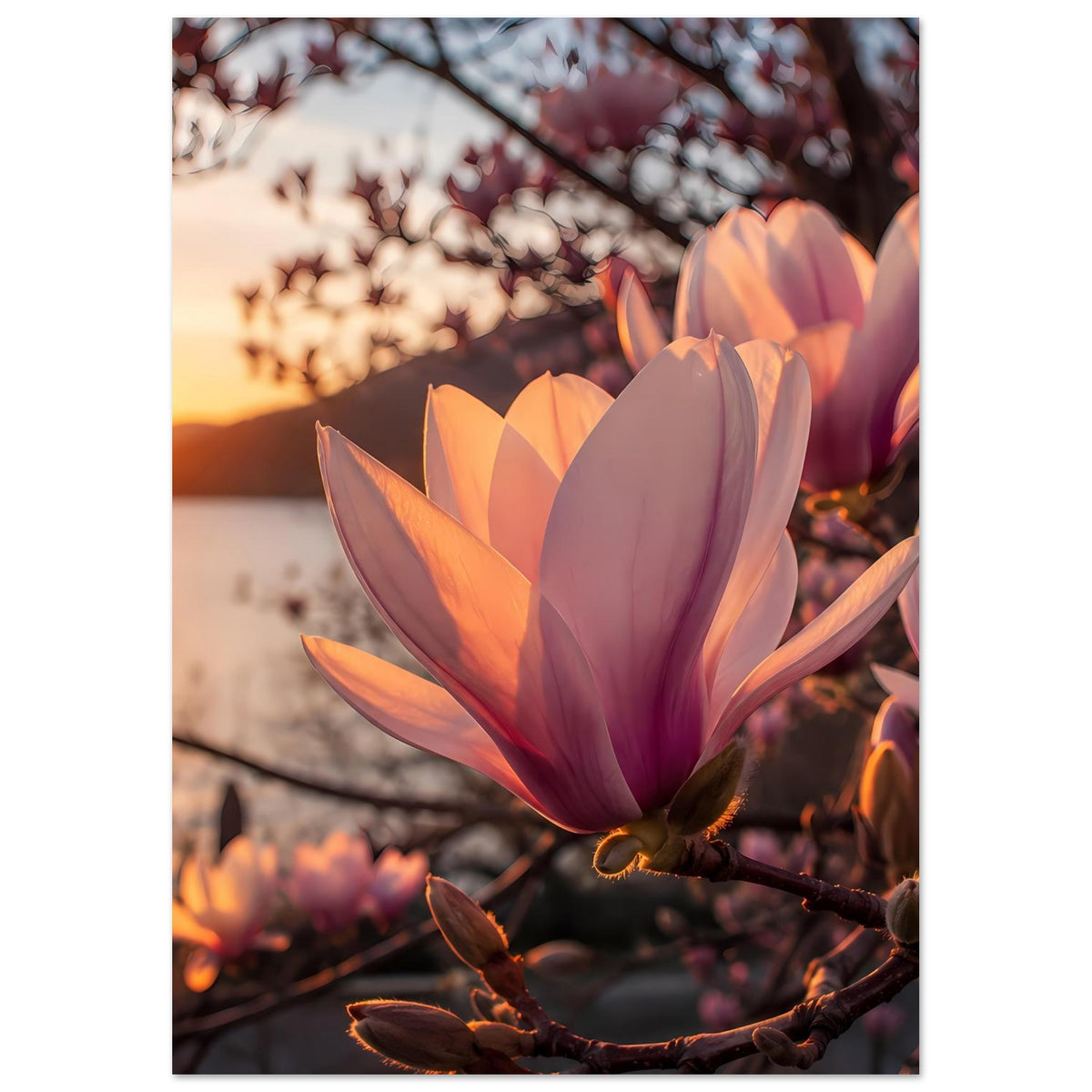 Magnolienblüten-Poster mit mittiger Blüte und rosa-lila Knospen, dunkler Ast übergehend