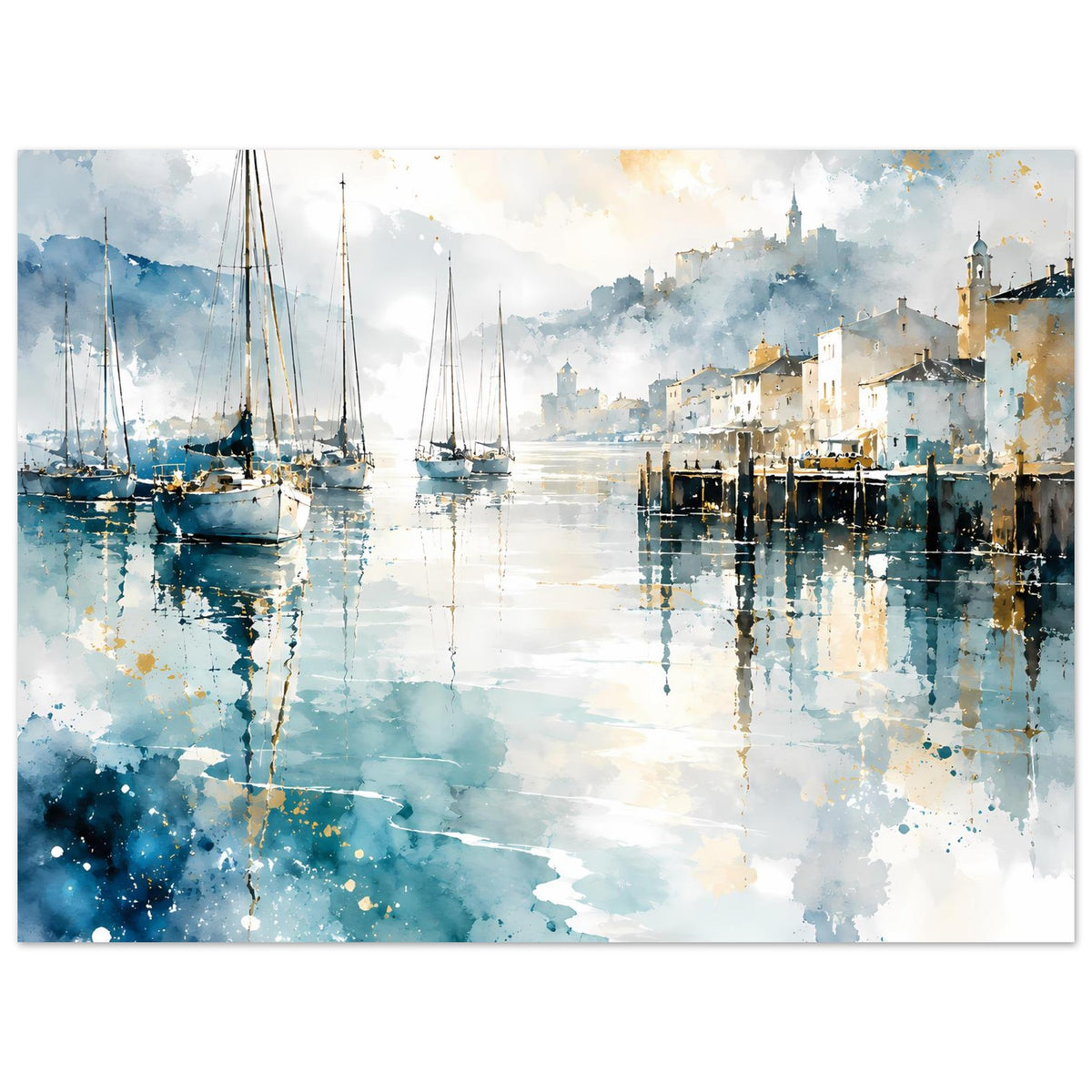 Aquarell-Poster mit Segelbooten, blauem Wasser und Stadtgebäuden im Hintergrund