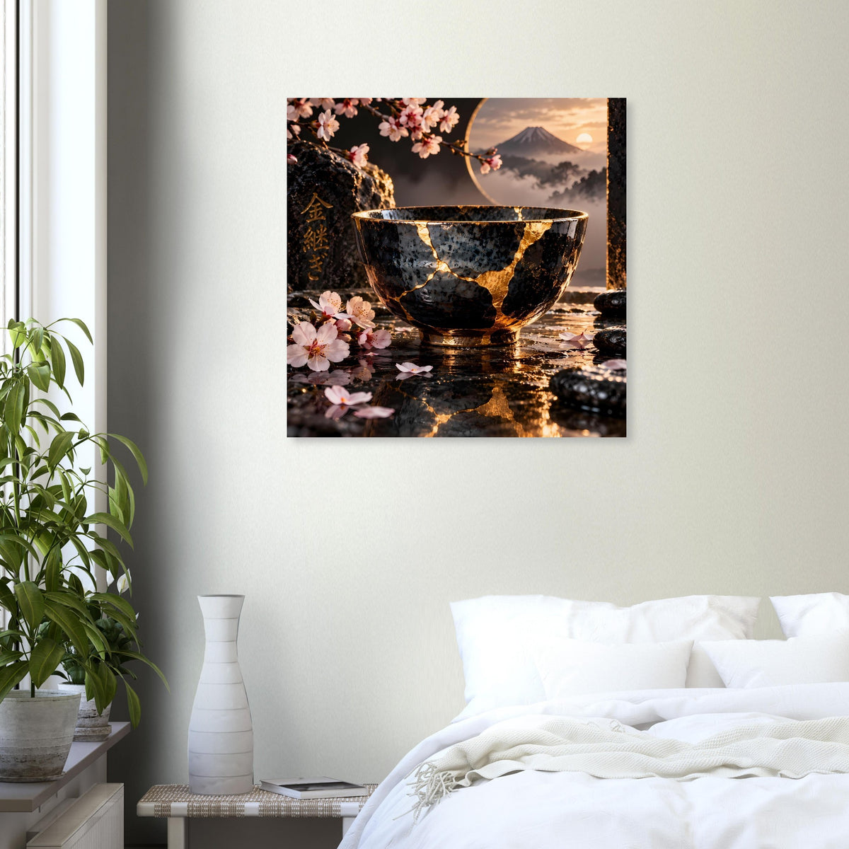 Kintsugi-Poster an der Wand: schwarze Schale mit goldenen Risslinien und Kirschblüten