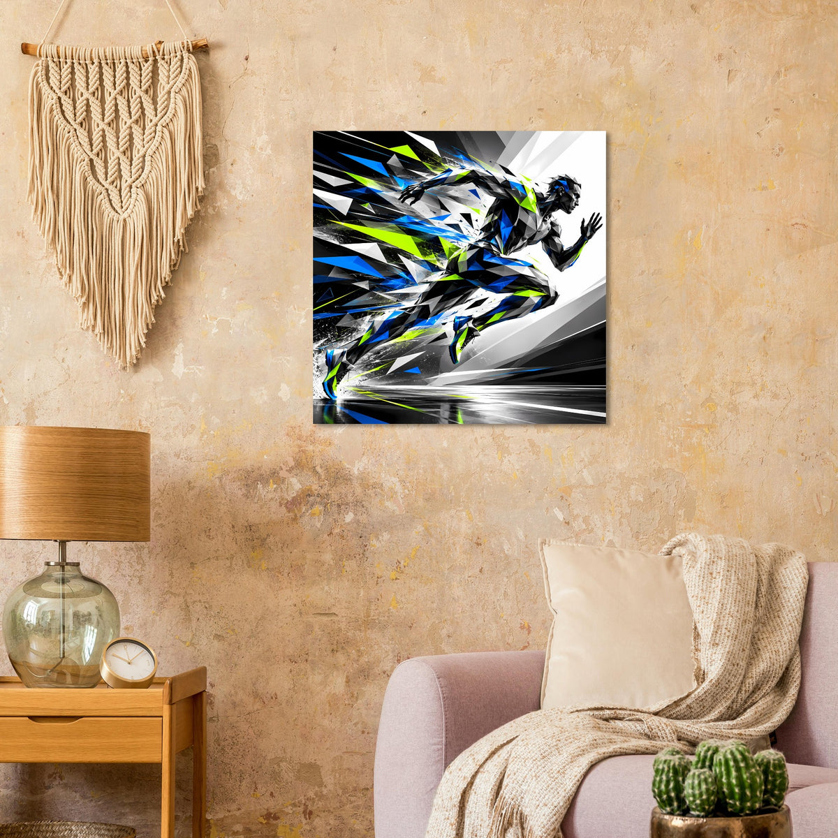 Gerahmtes Laufkunst-Poster mit laufender Figur, dynamischen Streifen in Blau/Schwarz und Neongrün.