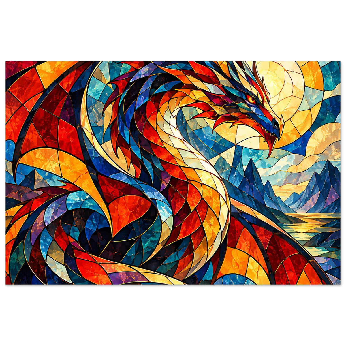Drachen-Glasmalerei-Poster: fliegender Drache in warmen Rot-, Orange- und Blautönen