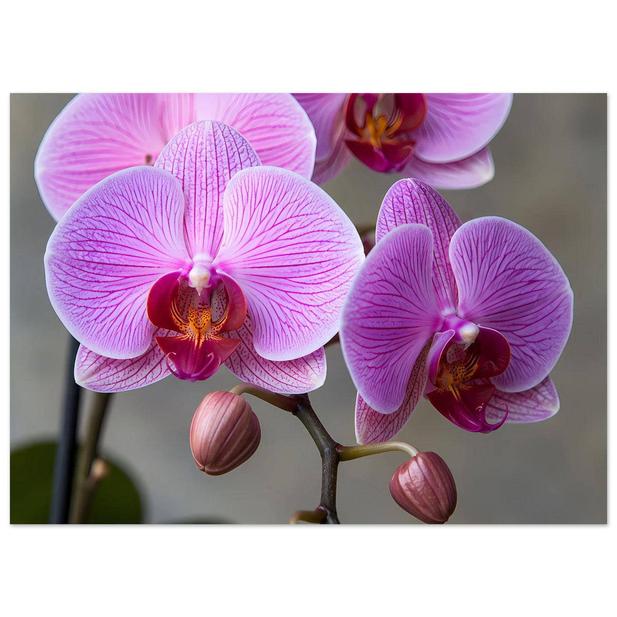 Orchideenposter mit drei pink-lila Phalaenopsis-Blüten und Knospen am Stiel
