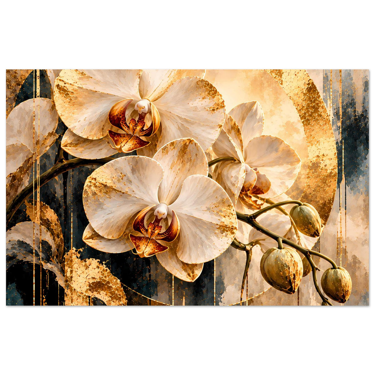 Orchideen-Kunstposter, Panoramaansicht: weiße Blüten mit goldenen Akzenten und goldener Kreisstruktur