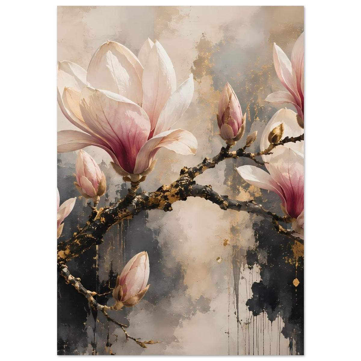 Magnolienblüten-Poster mit großen weißen und rosa Blüten sowie goldfarbenen Astdetails