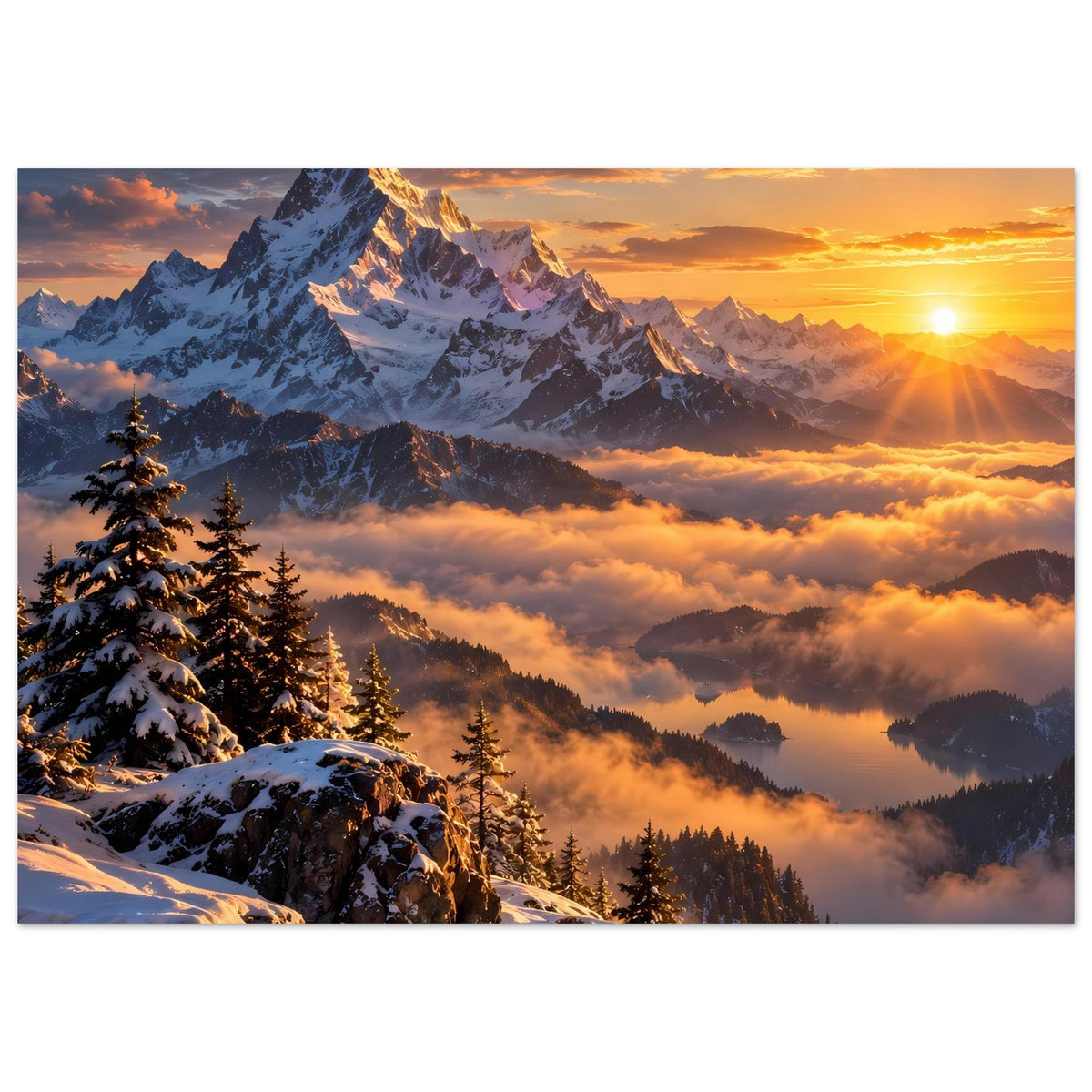 Horizontales Poster: verschneite Bergspitze mit Sonnenaufgang, Tannen im Vordergrund, Wolken