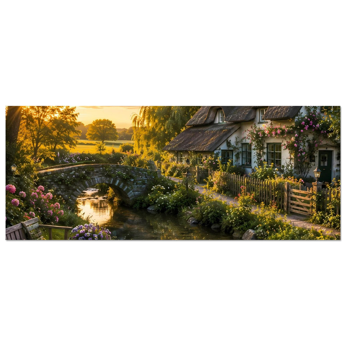 Querformat-Poster mit Bach, Steinbogenbrücke, Landhaus und bunten Blumenrabatten