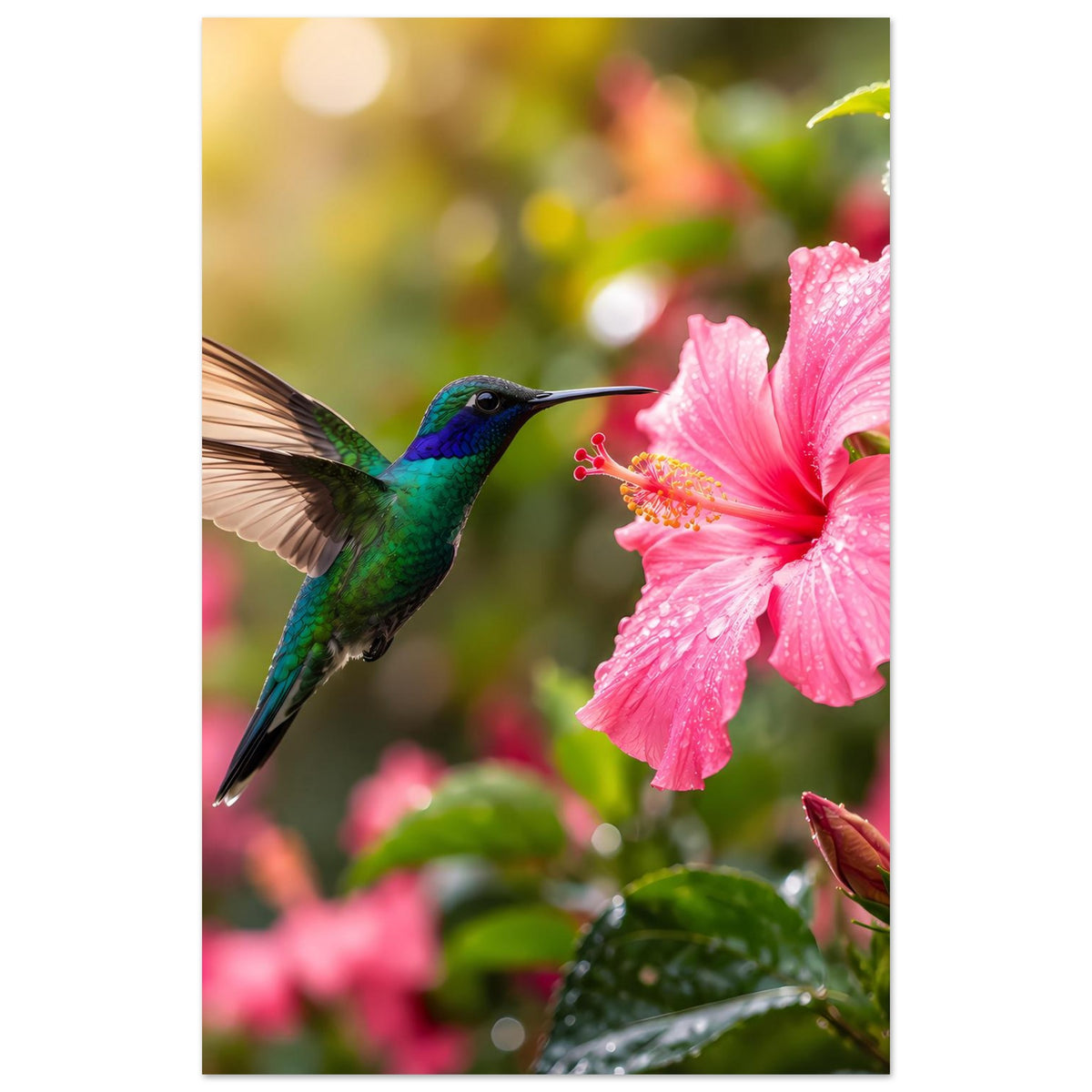 Vertikales Naturposter mit Kolibri im Flug und pinkem Hibiskus, umgeben von grünen Blättern