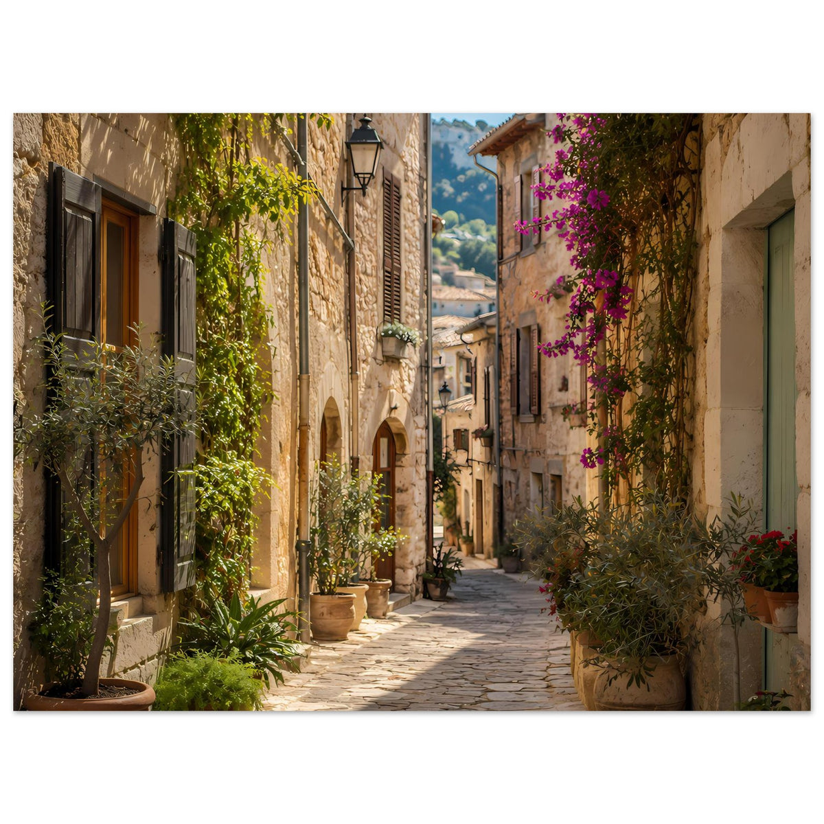 Mediterraner Posterdruck: Gasse mit Steinwänden, Holzfenstern und blühenden Pflanzen in Töpfen