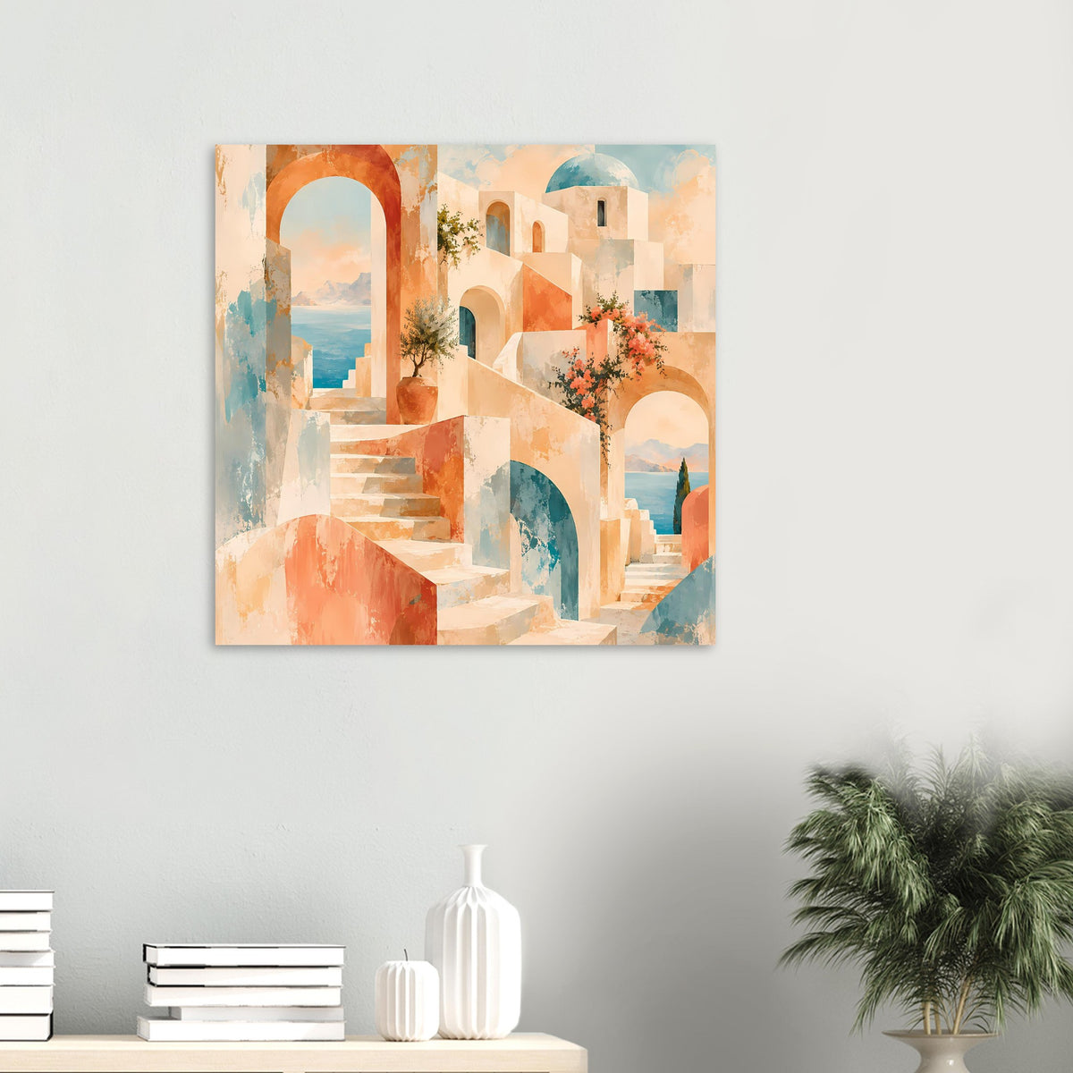 Wandposter (kleines Format) im warmen Pastelllook: Bögen, Treppe, türkisfarbene Tür und Blumen