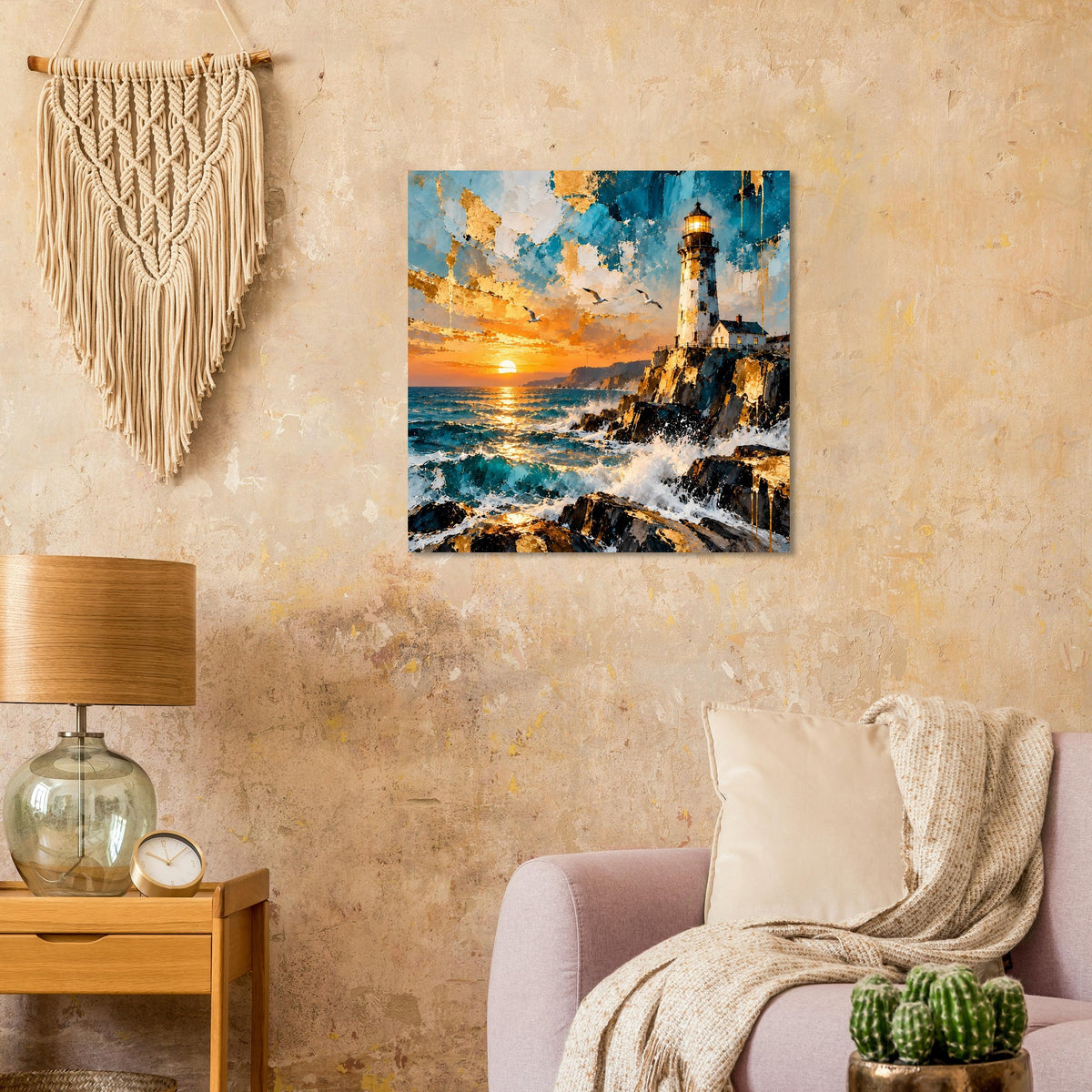 Poster mit Leuchtturm über Felsen und tobenden Wellen, orange-blauer Himmel