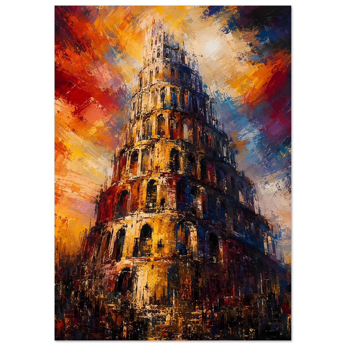 Poster im Hochformat: Turm von Babel, abstrakte Pinselstriche in Orange, Blau und Gold.
