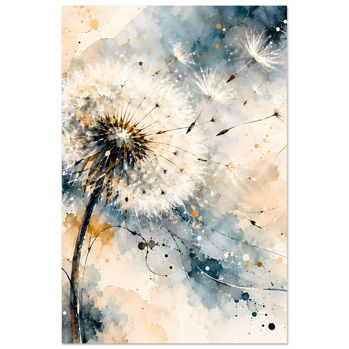 Hochformatiges Kunstposter mit Pusteblume, blauer Aquarelltextur und goldenen Farbtupfern