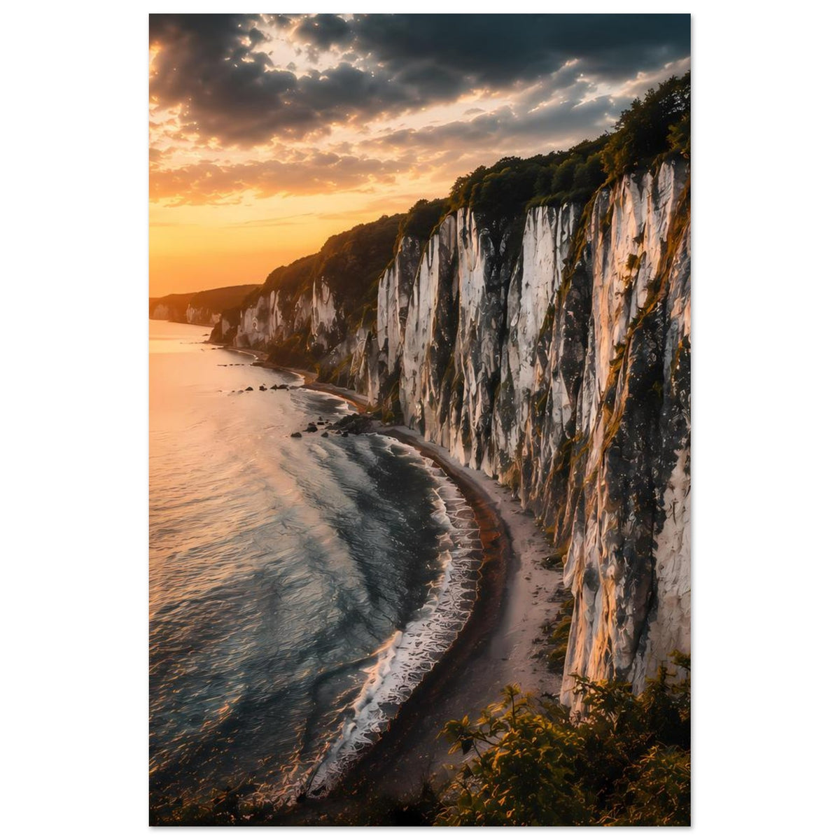 Fotoposter mit weißer Steilküste, Sandstrand und Meereswellen im Sonnenuntergang