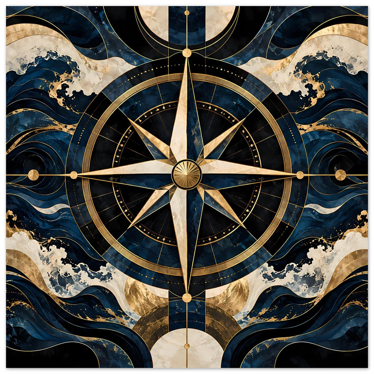 Maritimes Navigationsposter (horizontal): goldene Kompassrose mit Linien, blau-beiger Wellendruck