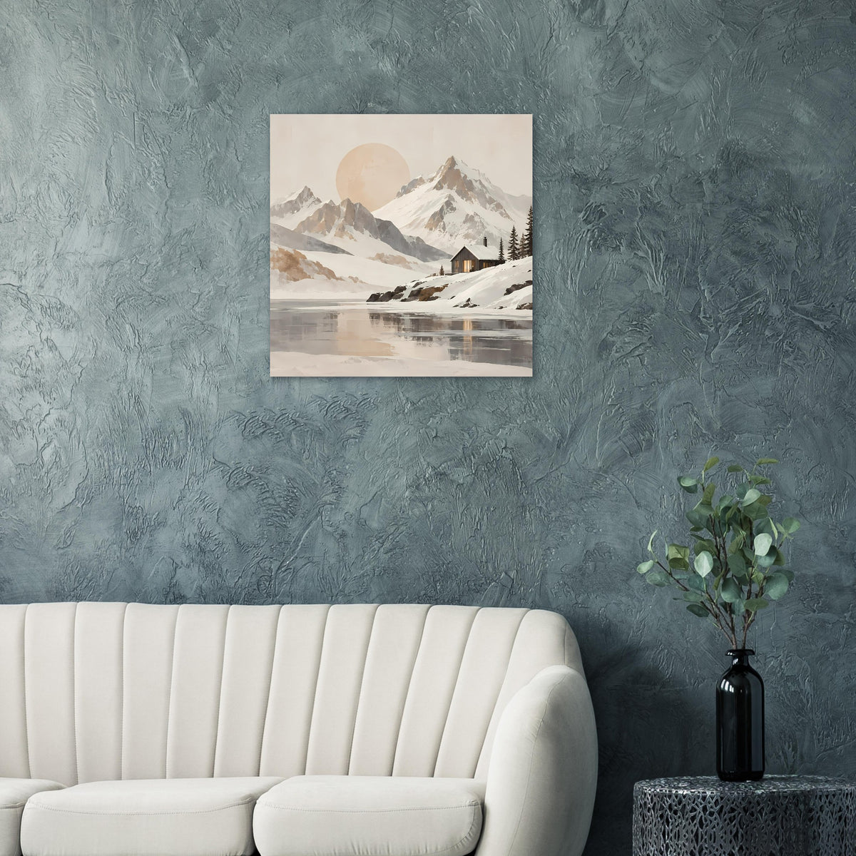 Wandposter im Vintage-Look mit Berg-See-Landschaft, Hütte und hellem Kreis am Himmel