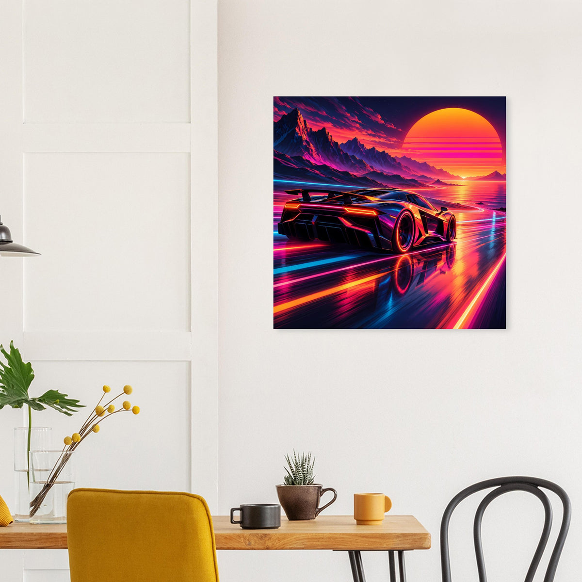 Quadratisches Poster mit Supercar im Neon-Speed-Design, Sonnenuntergang und Lichtspuren