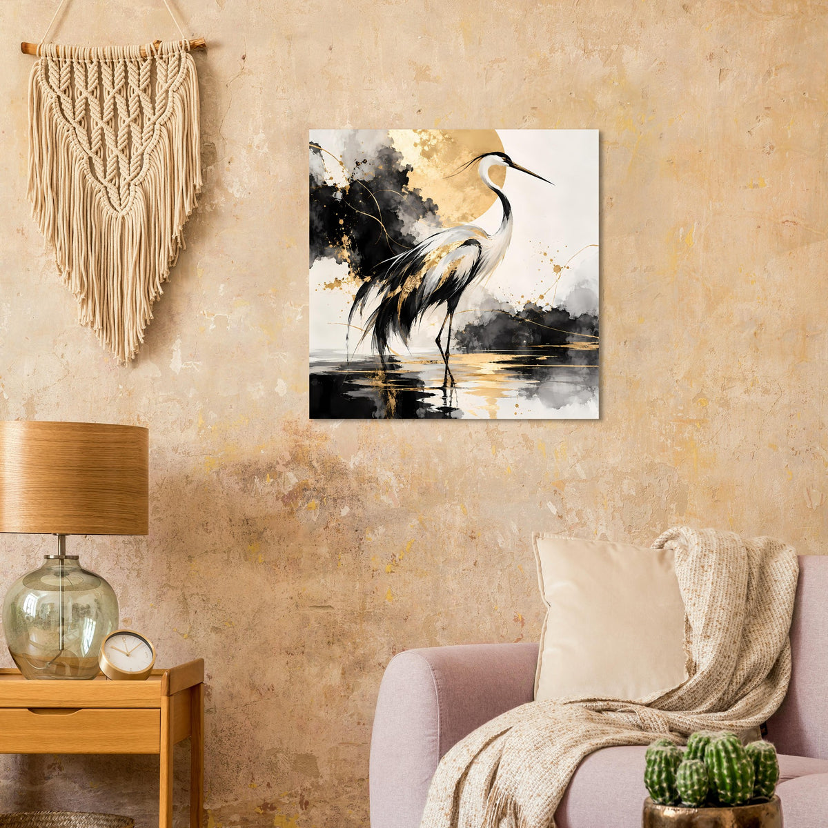 Vogelposter mit Kranich in Schwarz und Gold, quadratisch, mit goldenen Spritzern