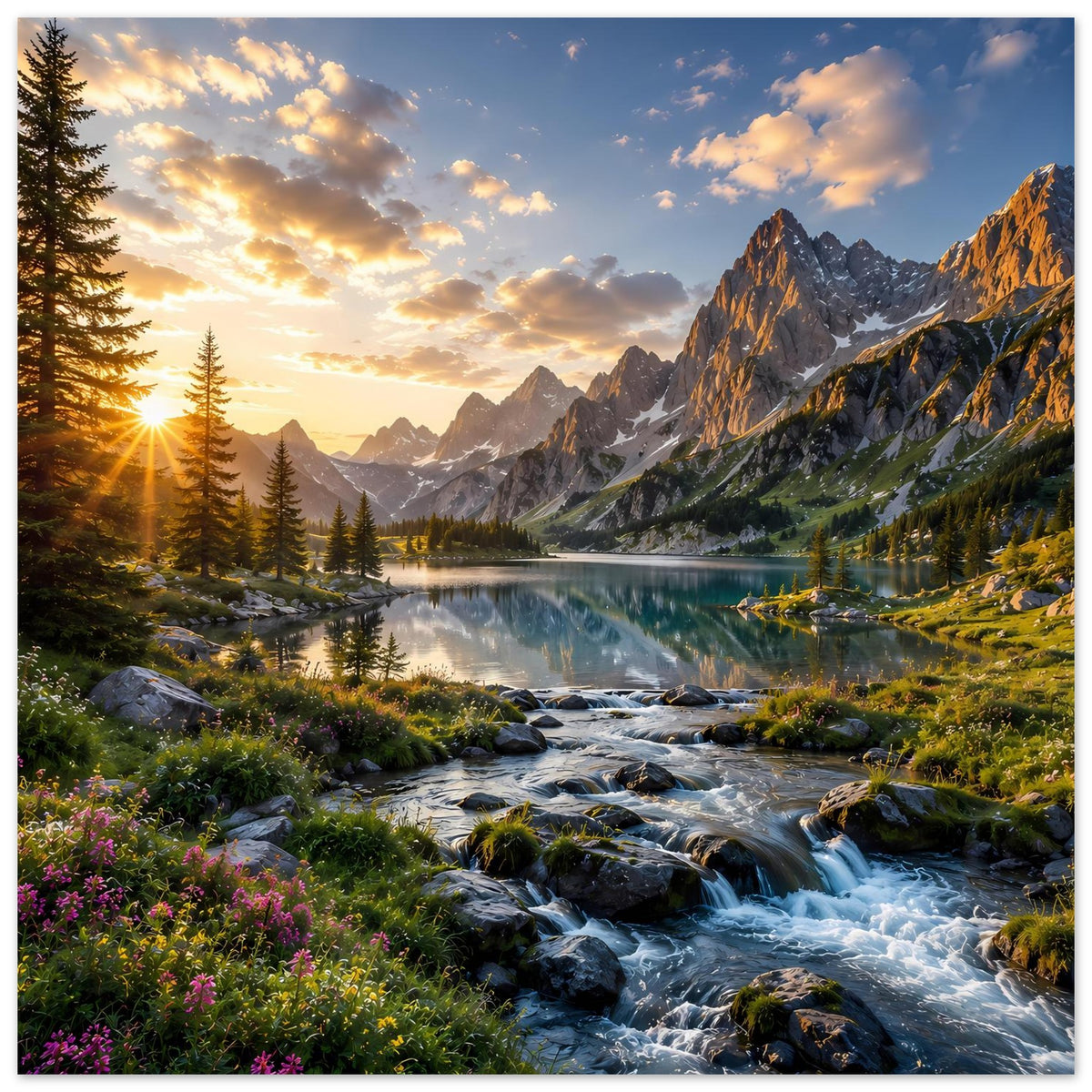 Horizontales Poster: Sonnenaufgang über See und Bach, Alpenberge mit Fichten und Blumen