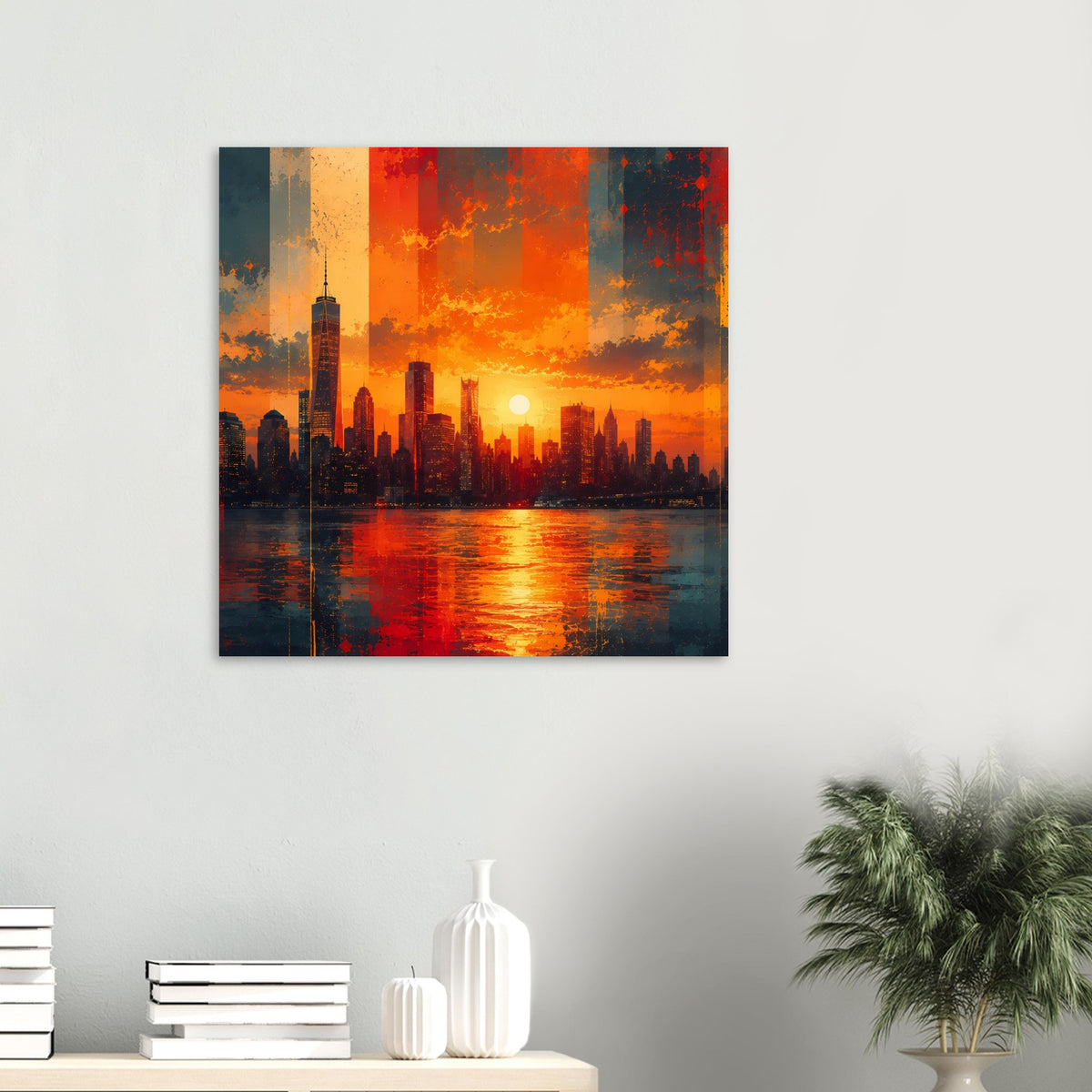 Quadratisches Poster mit farbenfroher Stadt-Skyline bei Sonnenuntergang und Spiegelung im Wasser