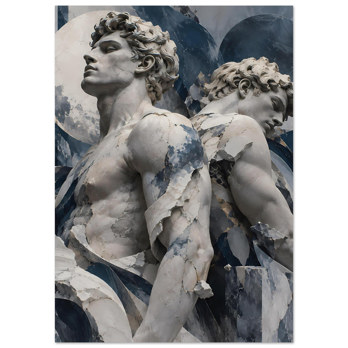 Poster im Hochformat, antike Statuen, Blau-Grau/Weiß, mittige Darstellung, matt