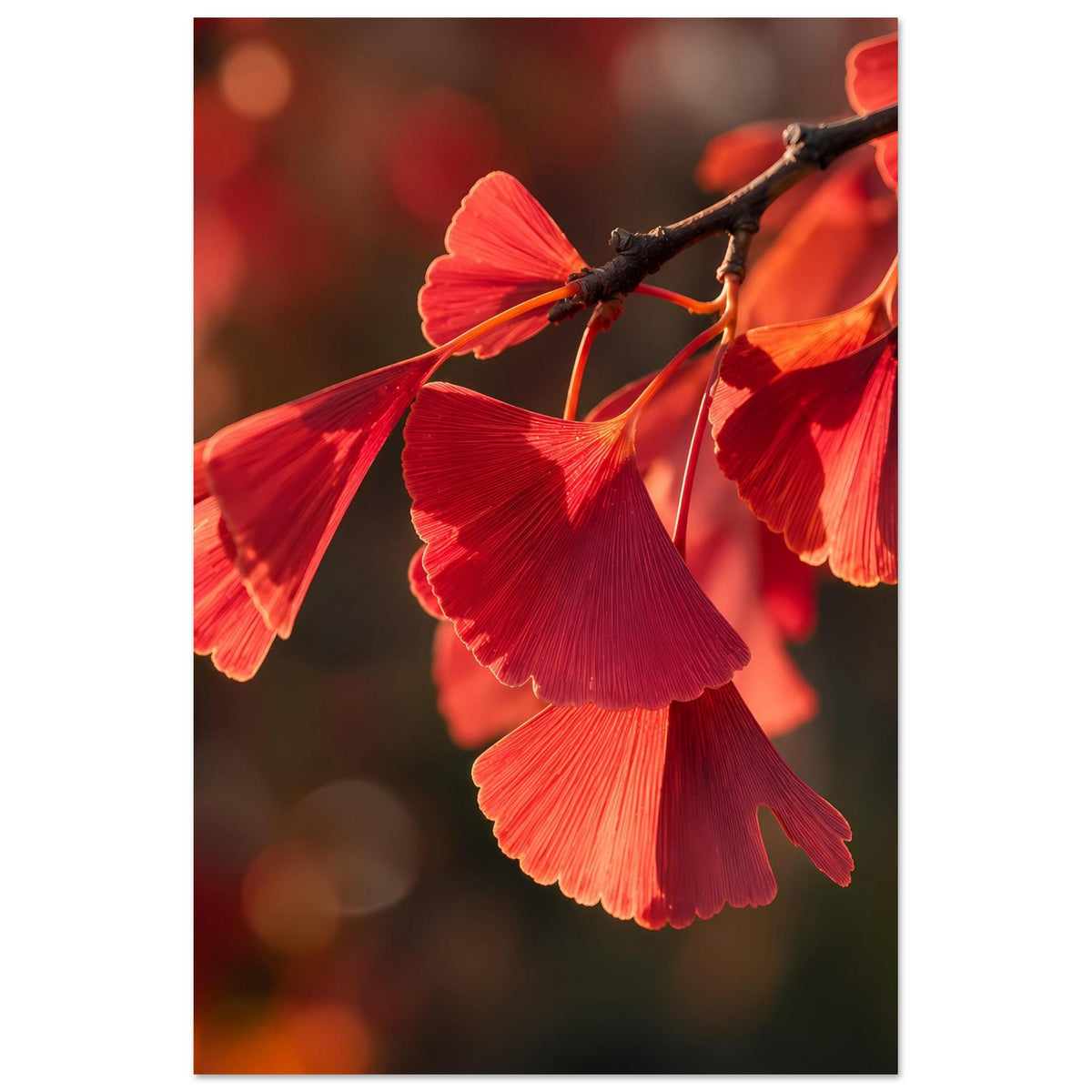 Poster mit roten Ginkgo-Blättern am Zweig, senkrechtes Motiv