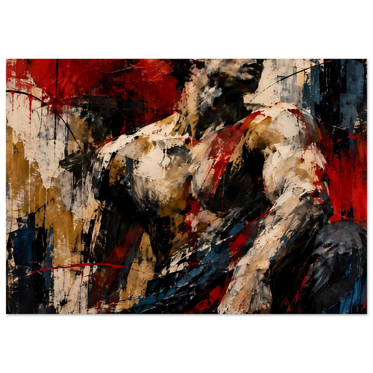 Abstraktes Muskelkunst-Poster mit gemaltem Torso in Rot, Schwarz, Beige und Blau