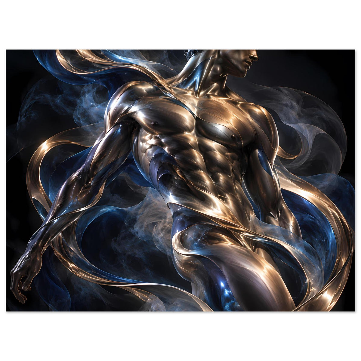 Querformat-Kunstposter mit gedrehter Metallfigur, gold-silbernem Glanz, blauem Rauch