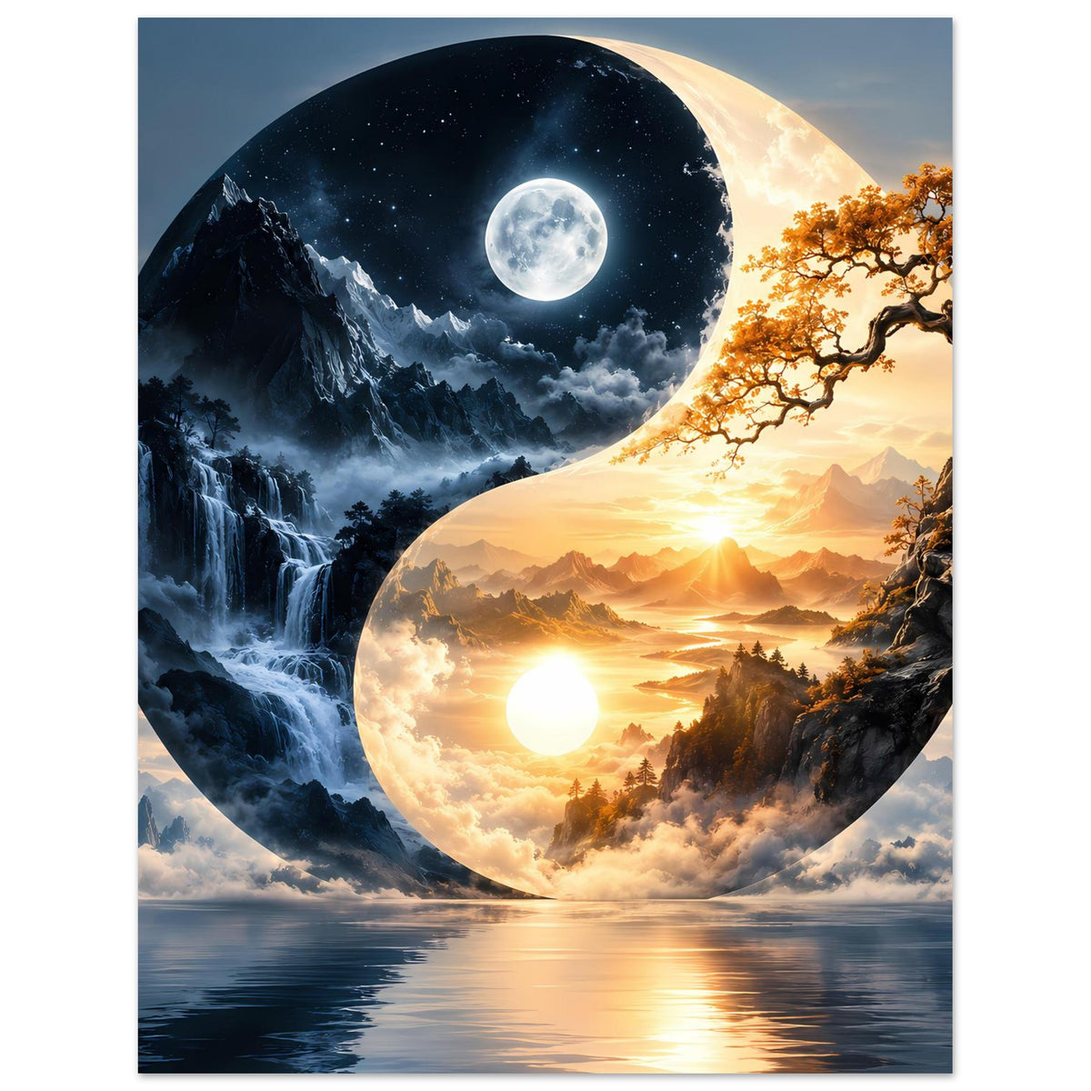 Yin-Yang-Landschaftsposter mit Yin- und Yang-Himmel: Mond, Sonne, Berge und Wolken