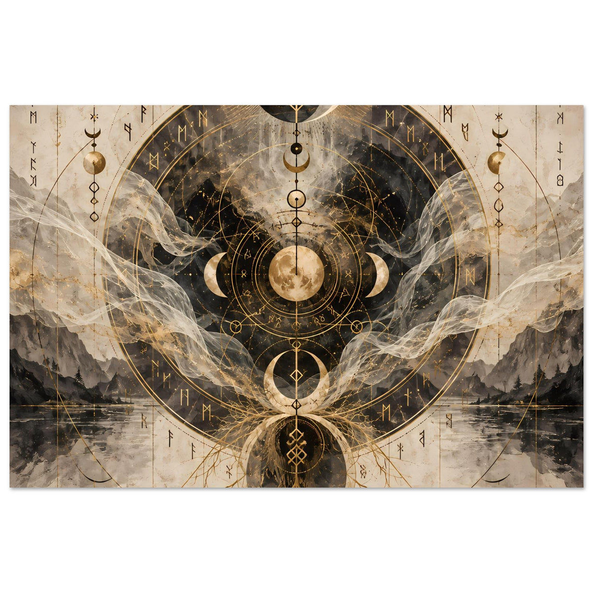 Poster mit Mondphasen und goldenen Kreisen, mystischer Sternkarten-Look in neutralen Tönen, Querformat