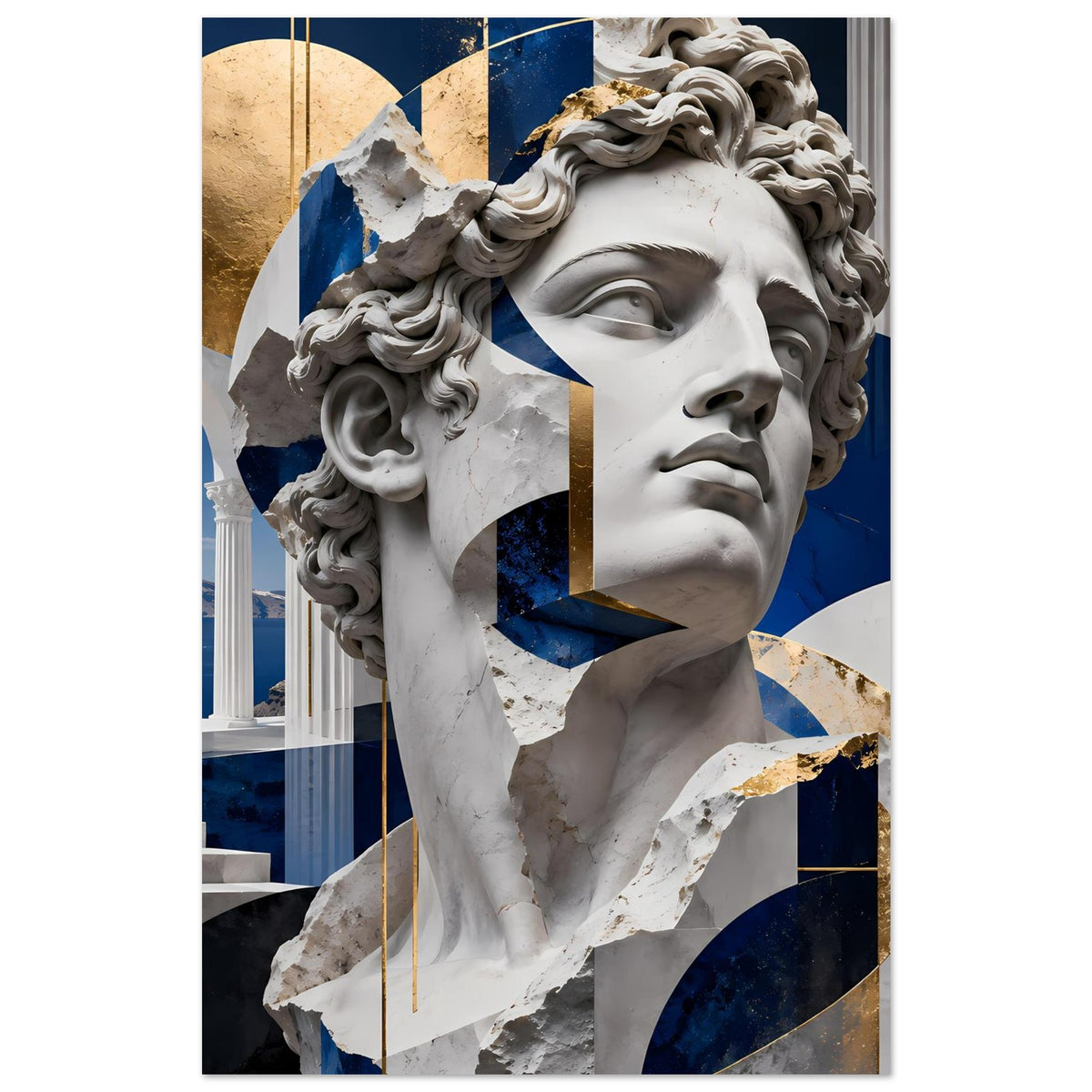 Poster: Marmorbüste mit Locken und Relief, Blau und Gold im geometrischen Look