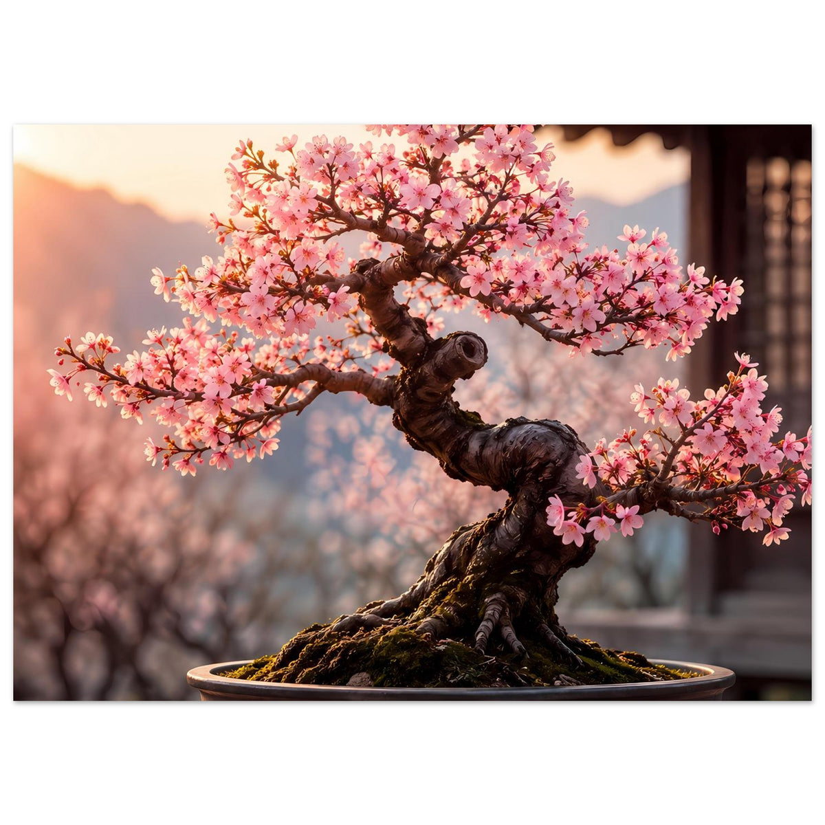 Horizontales Bonsai-Blütenposter: rosa Blütenkrone über dunklem Bonsai in Schale