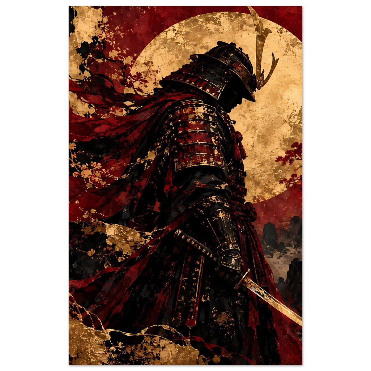 Senkrechtes Japan-Poster: Samurai in schwarzer Rüstung mit rotem Umhang, Katana und Halbmond