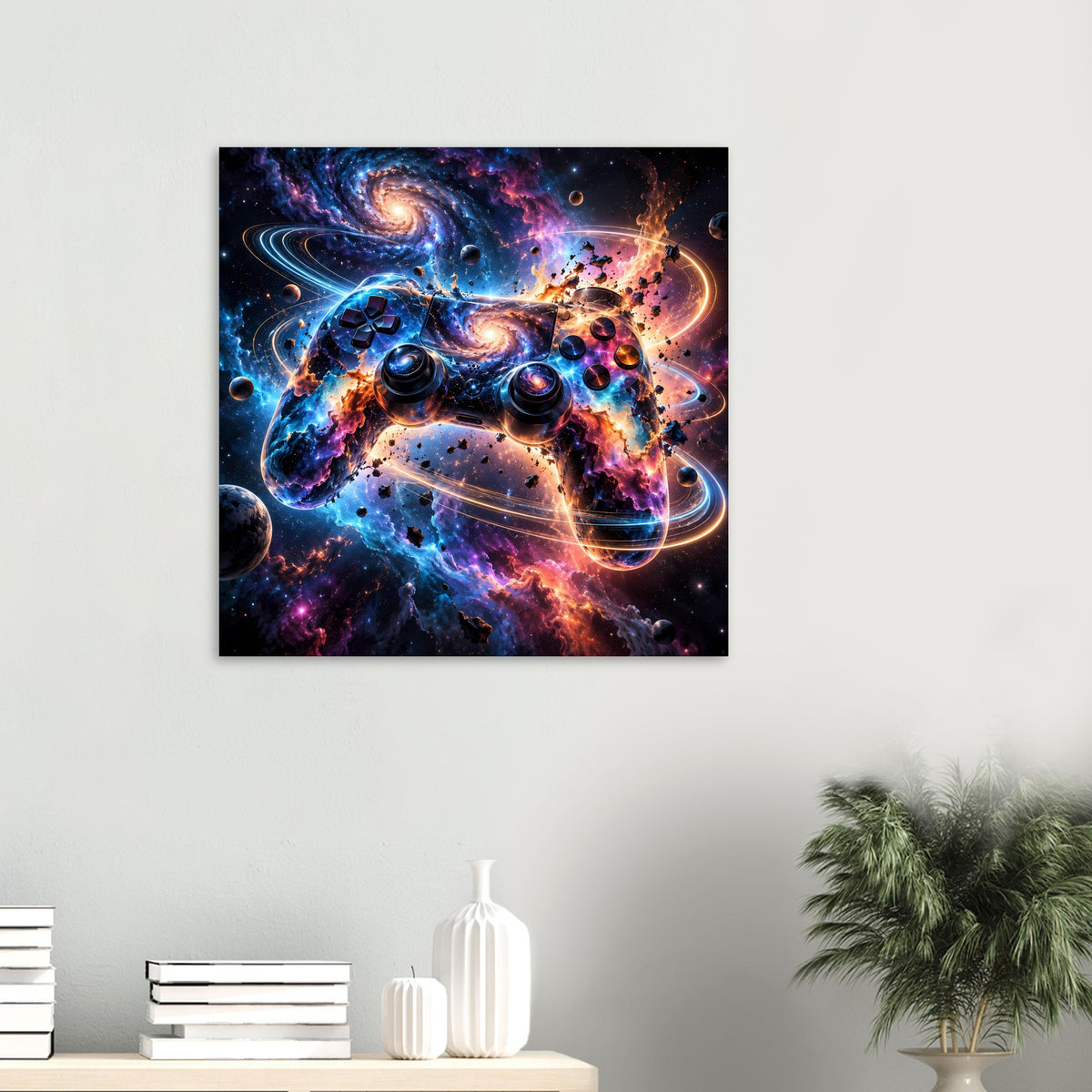 Quadratisches Gaming-Poster: Galaxie-Controller mit Planeten, Nebeln und leuchtenden Bahnen