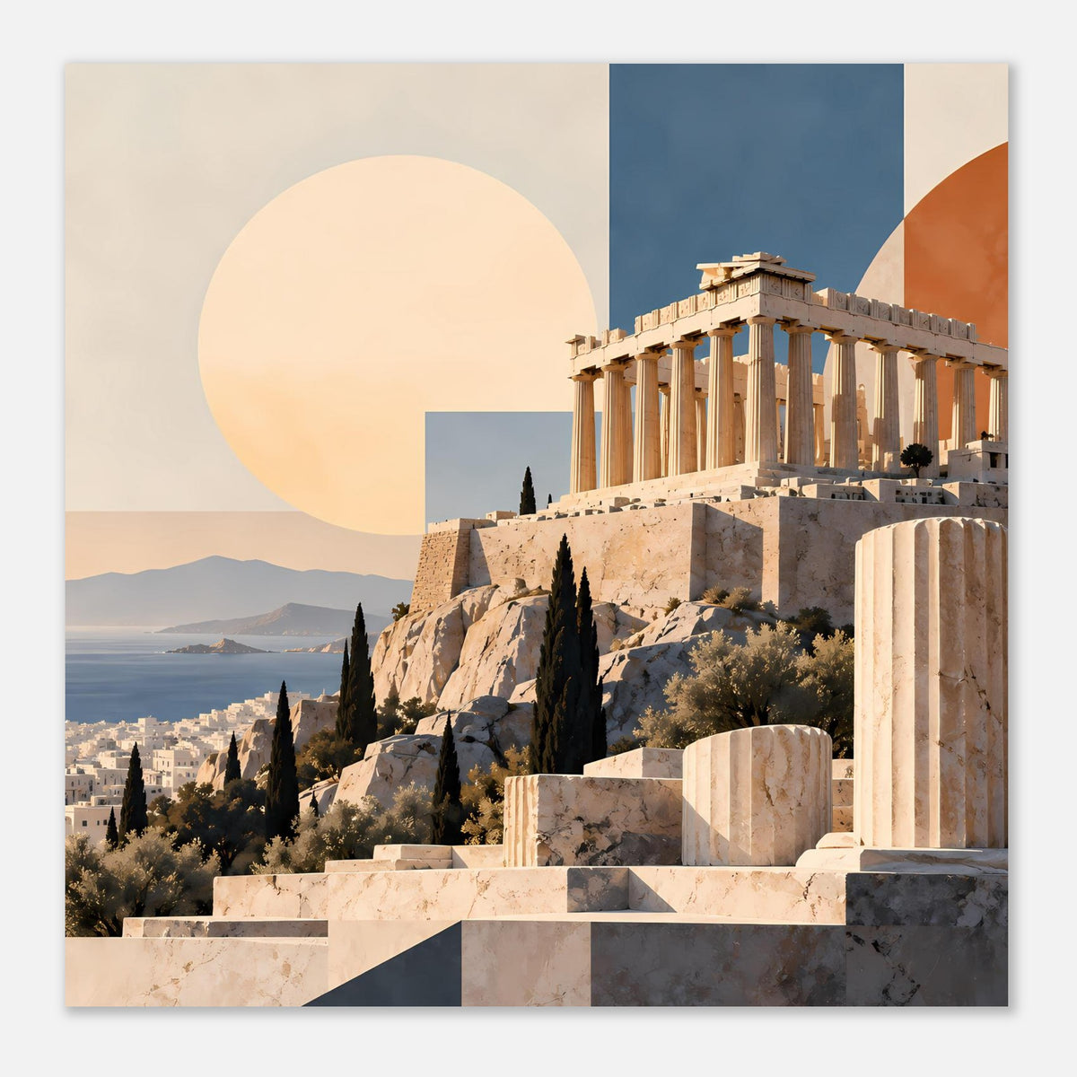 Griechenland-Poster mit Tempelruine und Säulen, felsige Vordergrundstufen, warmes Farbdesign