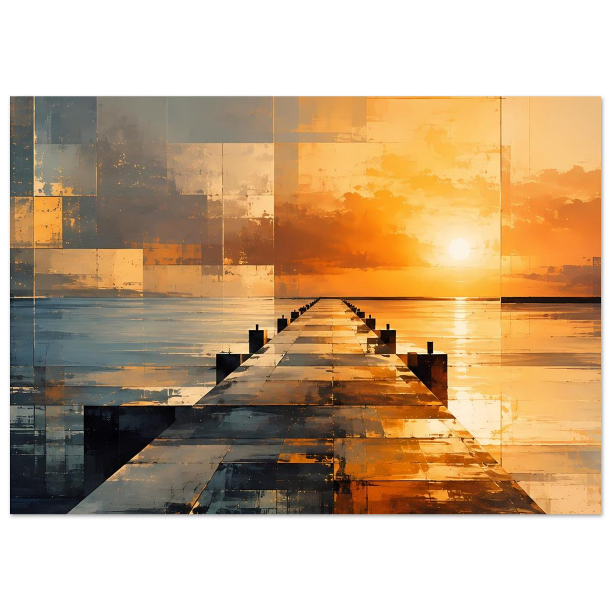 Horizontales Poster mit abstraktem Pier und Sonnenuntergang, geometrische Blöcke in Orange