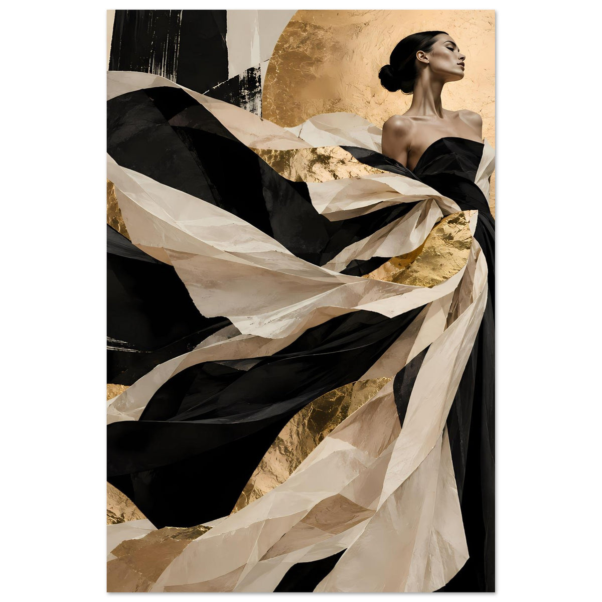 Wandposter im Hochformat: Frau in schwarzem Kleid, abstrakte Gold- und Beigetöne