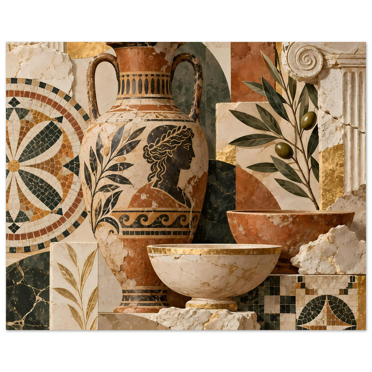 Mediterranes Mosaikposter im Querformat: Vase, Schale und Mosaikfliesen im Detail