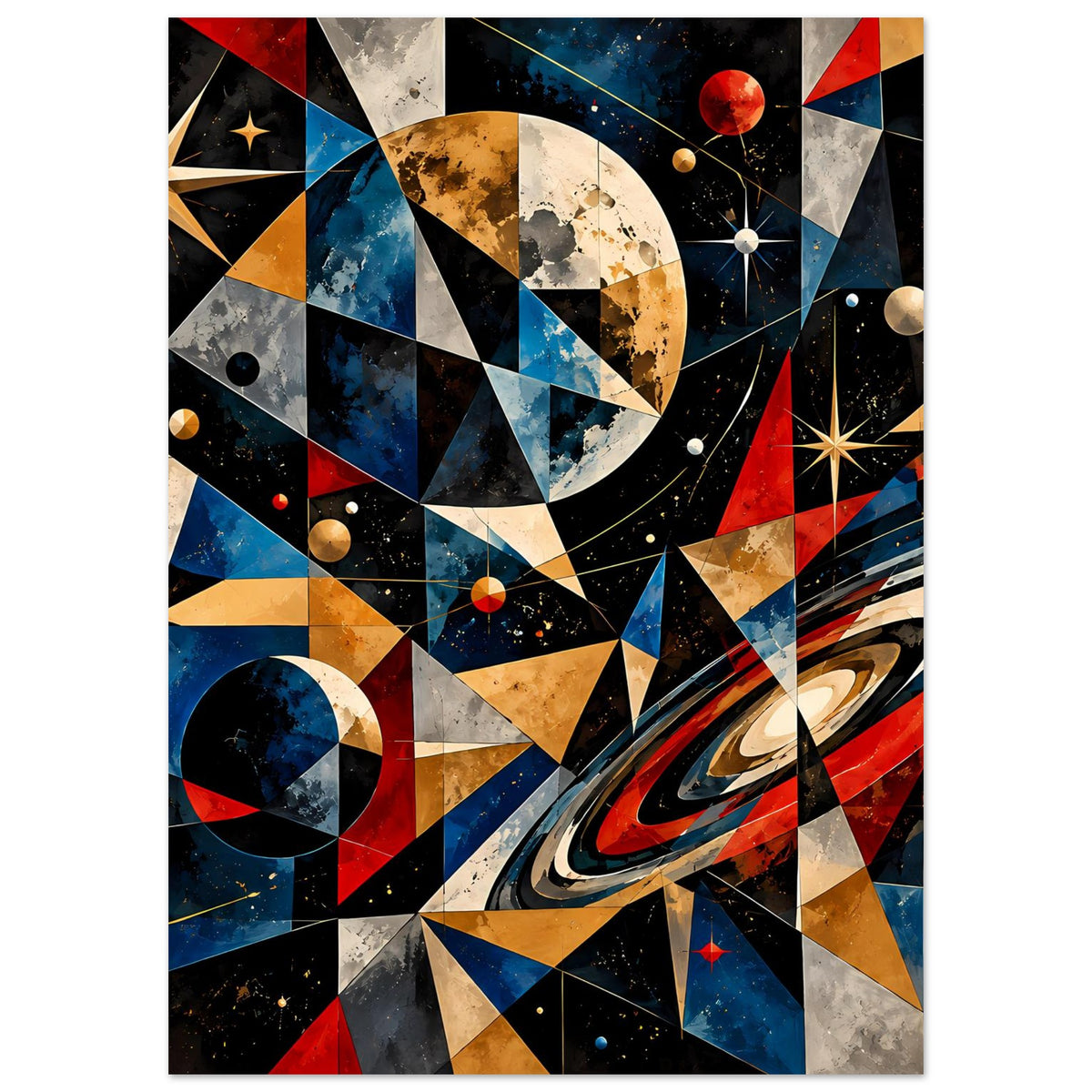 Wandposter mit Weltraum-Motiv: geometrische Muster, Monde und Sterne in Blau, Rot und Gold.