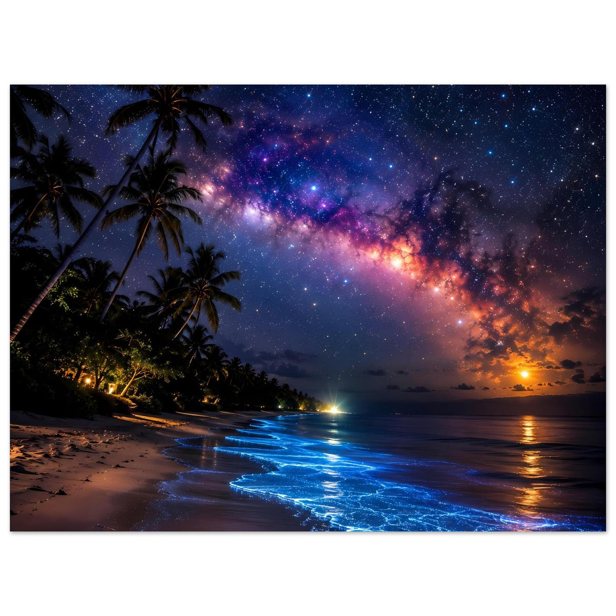 Strandposter mit Palmen, Milchstraße und blau leuchtenden Wellen am Strand bei Nacht