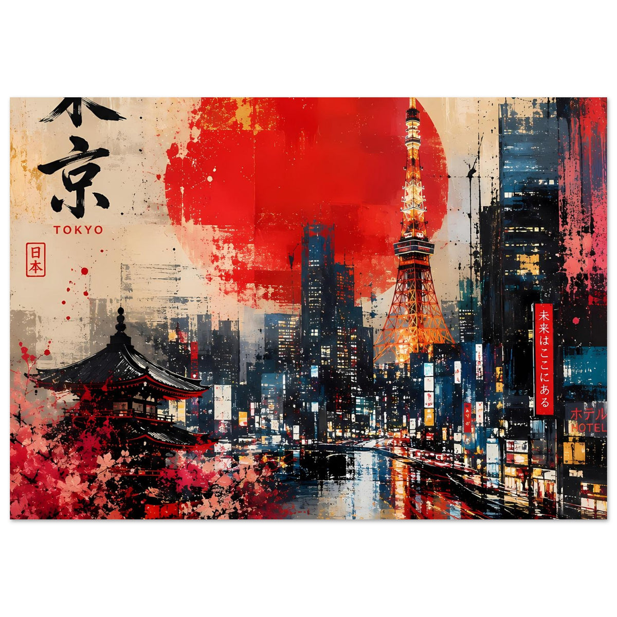 Abstraktes Poster mit Tokyo-Skyline, roter Sonne, Tokyo Tower und Text rechts